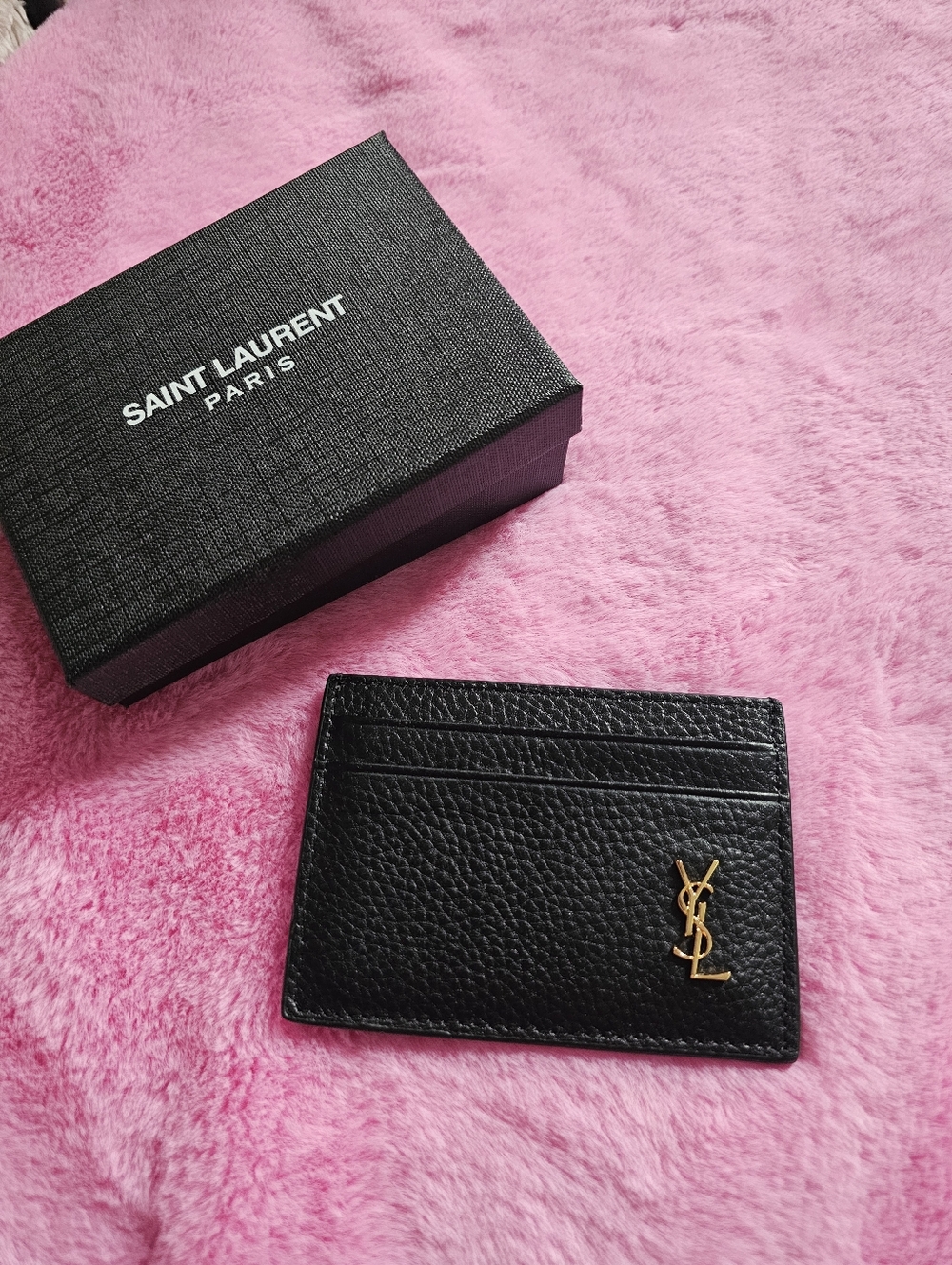 Saint Laurent Black Pebbled Leather Card & Key Holder with Gold YSL Accent